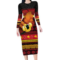 Papua New Guinea Christmas Long Sleeve Bodycon Dress Bikpela hamamas blong dispela Krismas LT14 Long Dress Red - Polynesian Pride