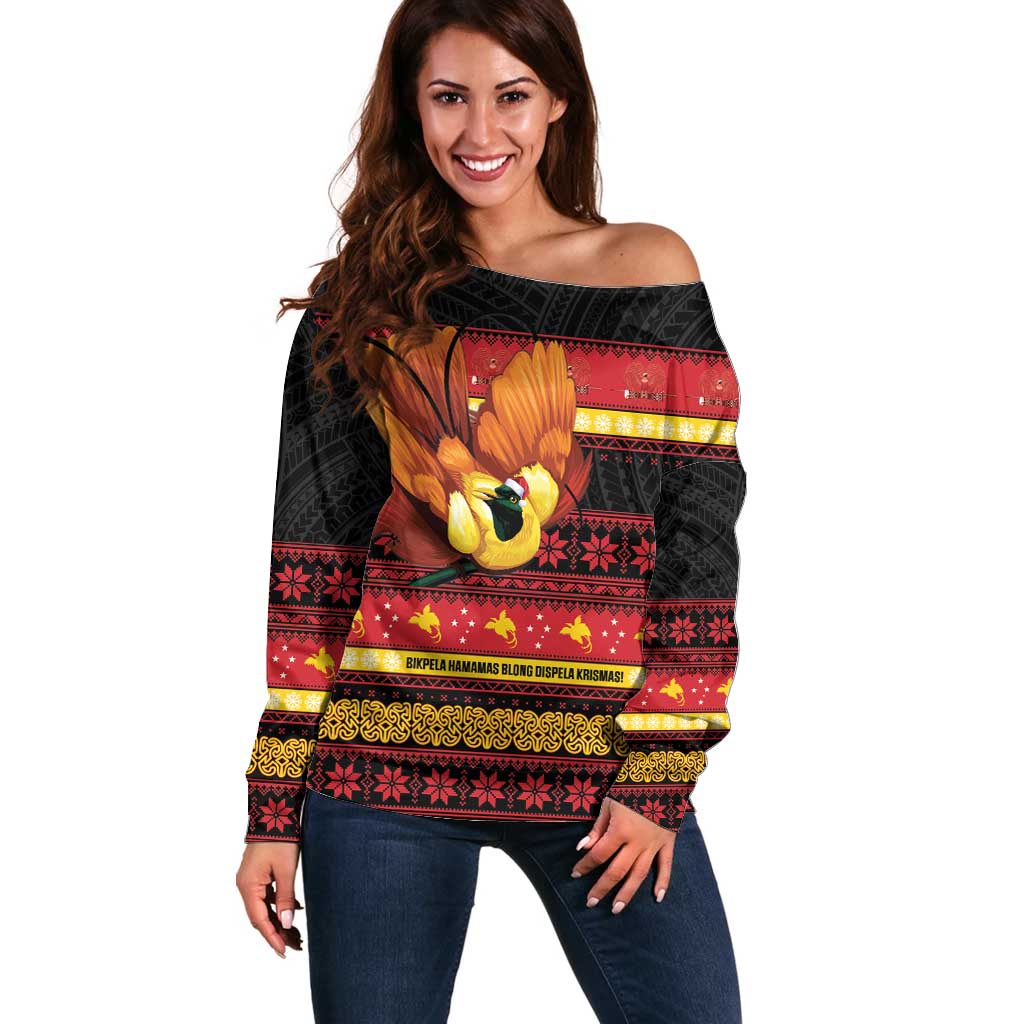 Papua New Guinea Christmas Off Shoulder Sweater Bikpela hamamas blong dispela Krismas LT14 Women Red - Polynesian Pride