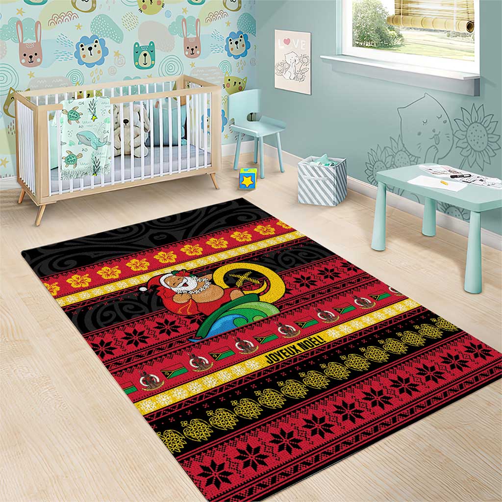 Vanuatu Christmas Area Rug Joyeux Noel Surfing Santa With Boar Tusk - Polynesian Pride