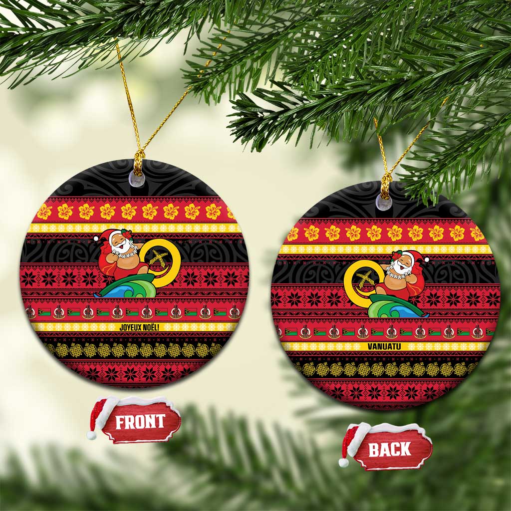 Vanuatu Christmas Ceramic Ornament Joyeux Noel Surfing Santa With Boar Tusk - Polynesian Pride