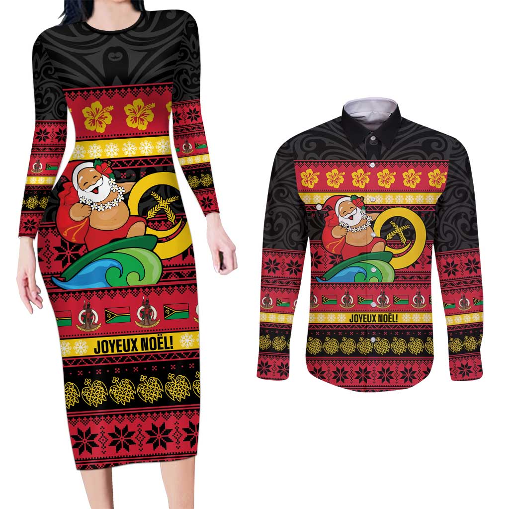 Vanuatu Christmas Couples Matching Long Sleeve Bodycon Dress and Long Sleeve Button Shirt Joyeux Noel Surfing Santa With Boar Tusk LT14 Red - Polynesian Pride