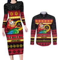 Vanuatu Christmas Couples Matching Long Sleeve Bodycon Dress and Long Sleeve Button Shirt Joyeux Noel Surfing Santa With Boar Tusk LT14 Red - Polynesian Pride