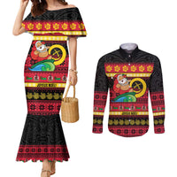 Vanuatu Christmas Couples Matching Mermaid Dress and Long Sleeve Button Shirt Joyeux Noel Surfing Santa With Boar Tusk LT14 Red - Polynesian Pride