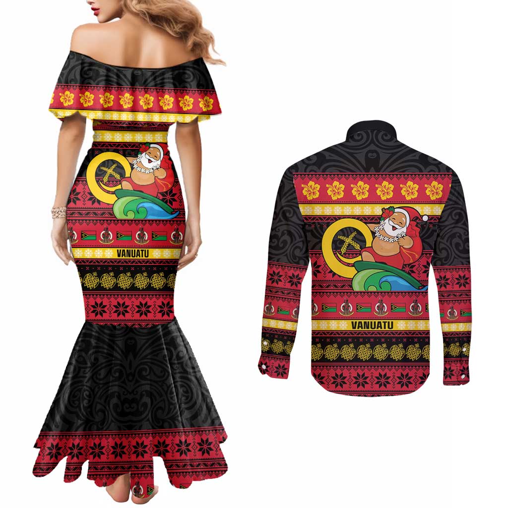Vanuatu Christmas Couples Matching Mermaid Dress and Long Sleeve Button Shirt Joyeux Noel Surfing Santa With Boar Tusk LT14 - Polynesian Pride