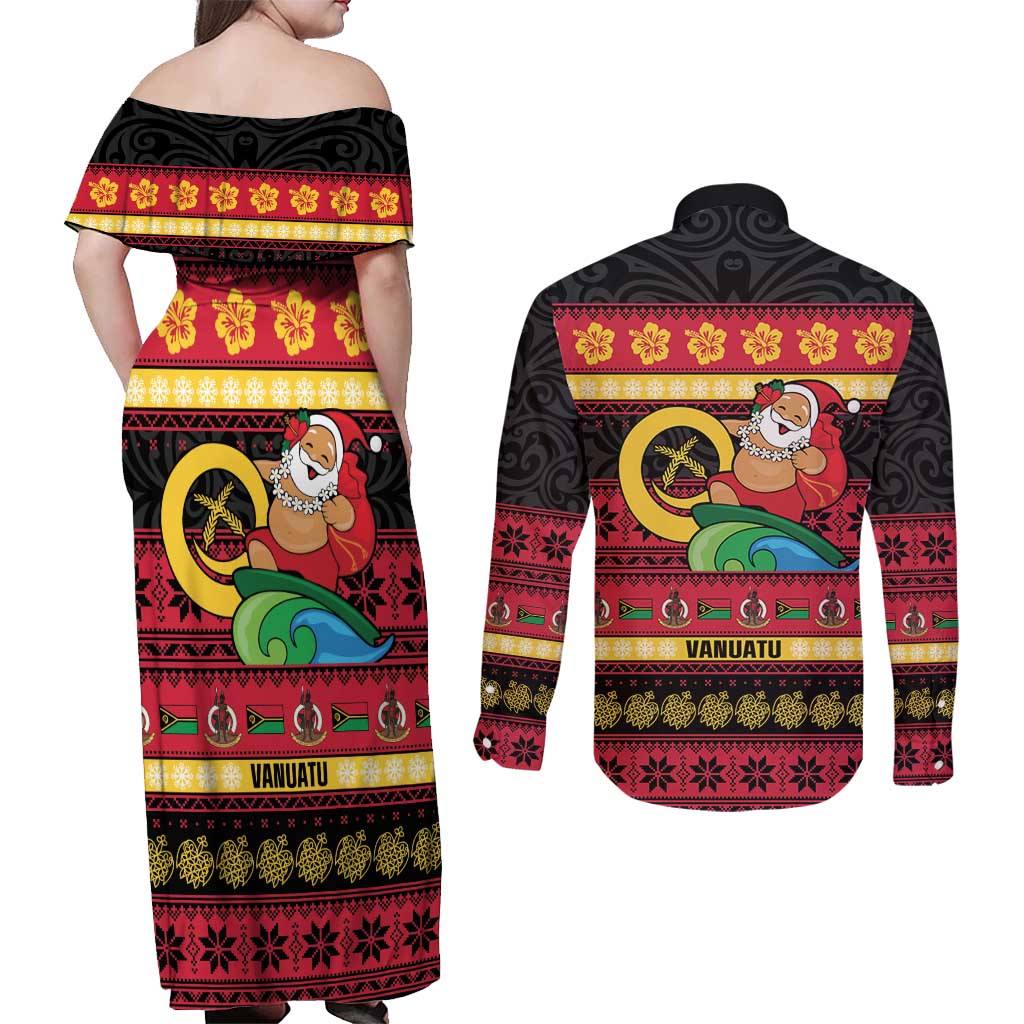 Vanuatu Christmas Couples Matching Off Shoulder Maxi Dress and Long Sleeve Button Shirt Joyeux Noel Surfing Santa With Boar Tusk LT14 - Polynesian Pride