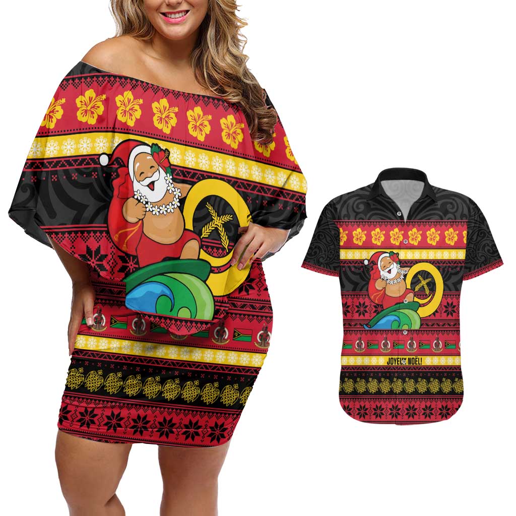 Vanuatu Christmas Couples Matching Off Shoulder Short Dress and Hawaiian Shirt Joyeux Noel Surfing Santa With Boar Tusk LT14 Red - Polynesian Pride