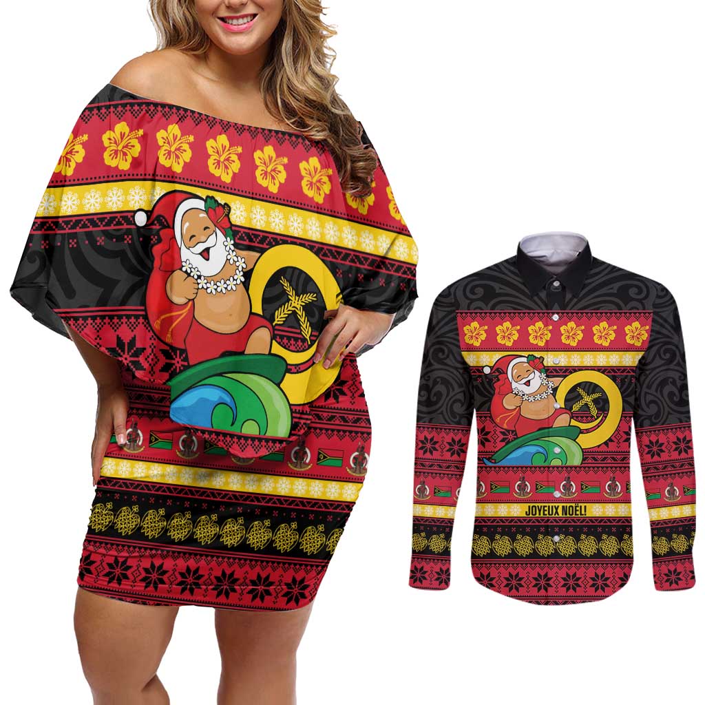 Vanuatu Christmas Couples Matching Off Shoulder Short Dress and Long Sleeve Button Shirt Joyeux Noel Surfing Santa With Boar Tusk LT14 Red - Polynesian Pride