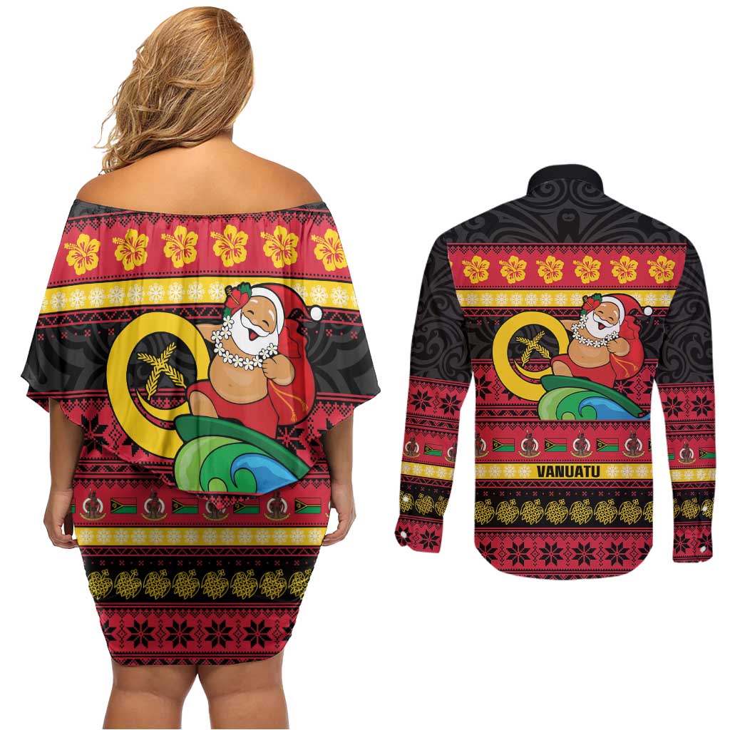 Vanuatu Christmas Couples Matching Off Shoulder Short Dress and Long Sleeve Button Shirt Joyeux Noel Surfing Santa With Boar Tusk LT14 - Polynesian Pride
