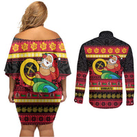 Vanuatu Christmas Couples Matching Off Shoulder Short Dress and Long Sleeve Button Shirt Joyeux Noel Surfing Santa With Boar Tusk LT14 - Polynesian Pride