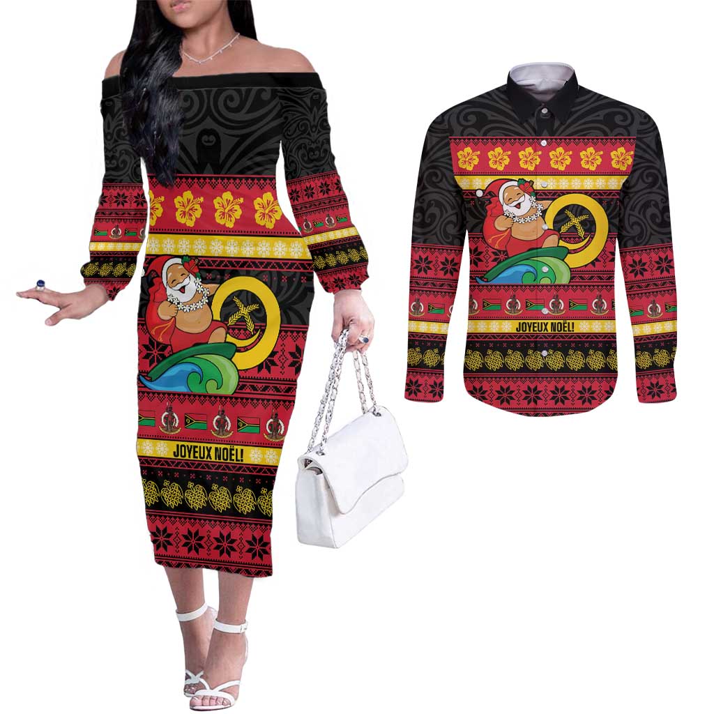 Vanuatu Christmas Couples Matching Off The Shoulder Long Sleeve Dress and Long Sleeve Button Shirt Joyeux Noel Surfing Santa With Boar Tusk LT14 Red - Polynesian Pride