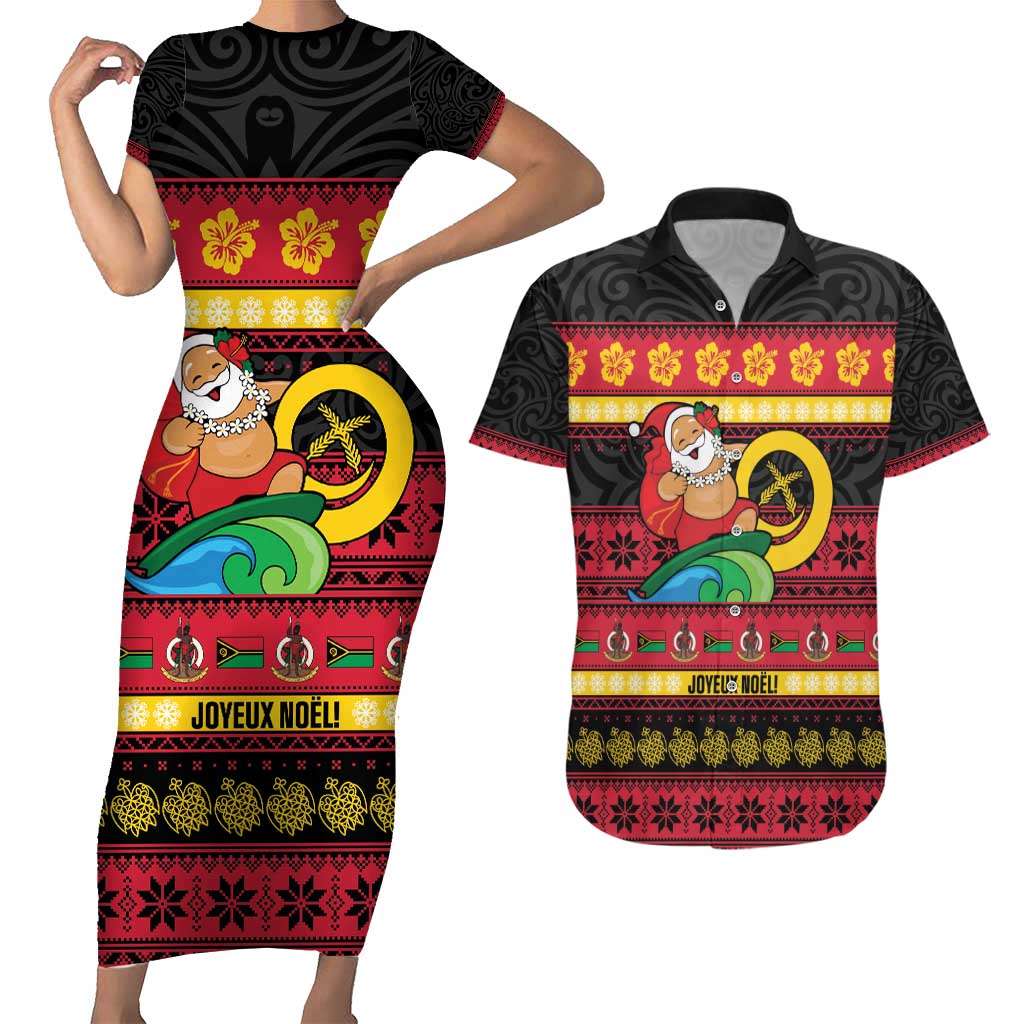 Vanuatu Christmas Couples Matching Short Sleeve Bodycon Dress and Hawaiian Shirt Joyeux Noel Surfing Santa With Boar Tusk LT14 Red - Polynesian Pride