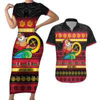Vanuatu Christmas Couples Matching Short Sleeve Bodycon Dress and Hawaiian Shirt Joyeux Noel Surfing Santa With Boar Tusk LT14 Red - Polynesian Pride