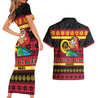 Vanuatu Christmas Couples Matching Short Sleeve Bodycon Dress and Hawaiian Shirt Joyeux Noel Surfing Santa With Boar Tusk LT14 - Polynesian Pride