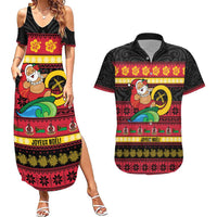 Vanuatu Christmas Couples Matching Summer Maxi Dress and Hawaiian Shirt Joyeux Noel Surfing Santa With Boar Tusk LT14 Red - Polynesian Pride