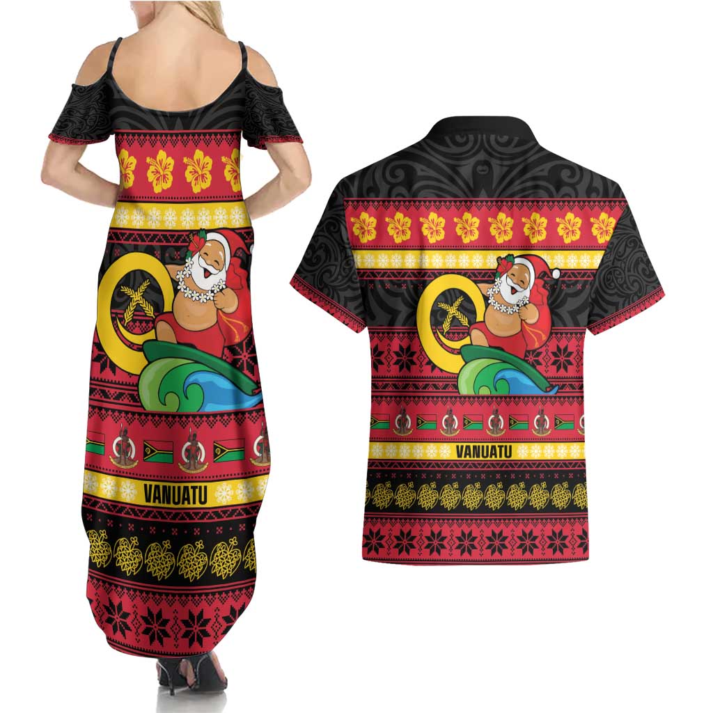 Vanuatu Christmas Couples Matching Summer Maxi Dress and Hawaiian Shirt Joyeux Noel Surfing Santa With Boar Tusk LT14 - Polynesian Pride