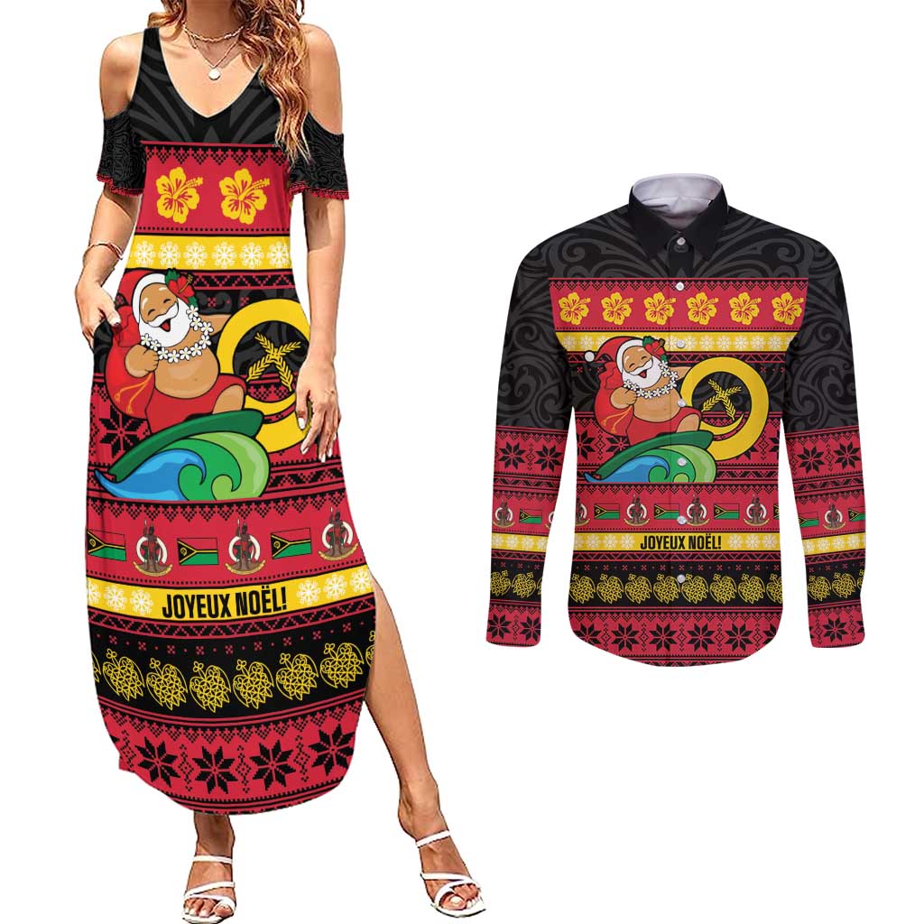 Vanuatu Christmas Couples Matching Summer Maxi Dress and Long Sleeve Button Shirt Joyeux Noel Surfing Santa With Boar Tusk LT14 Red - Polynesian Pride