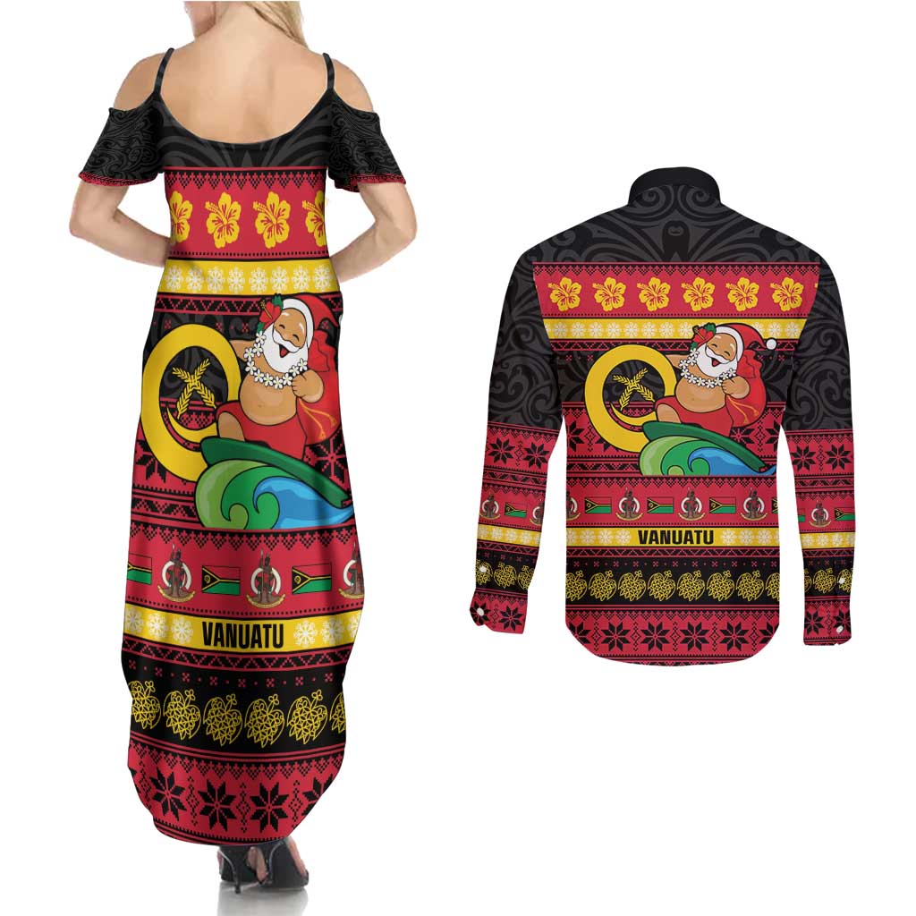 Vanuatu Christmas Couples Matching Summer Maxi Dress and Long Sleeve Button Shirt Joyeux Noel Surfing Santa With Boar Tusk LT14 - Polynesian Pride