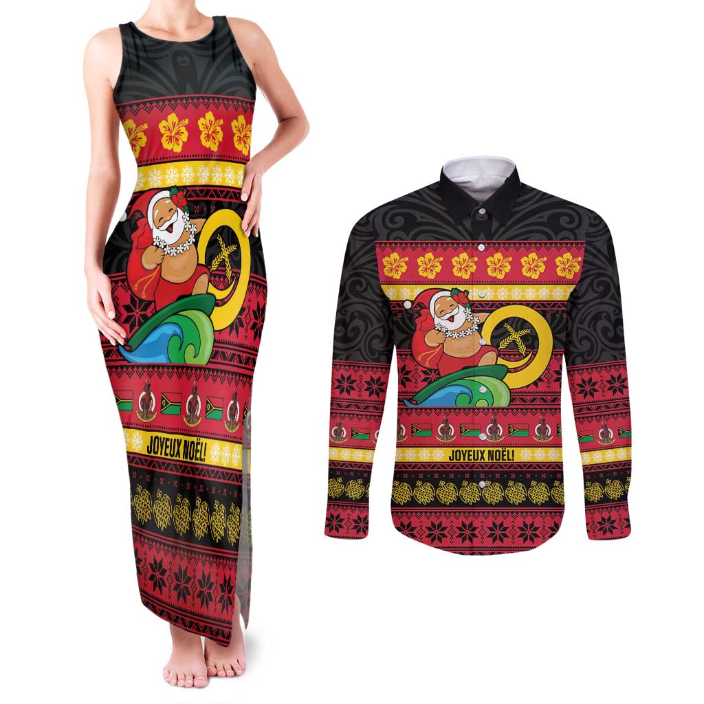 Vanuatu Christmas Couples Matching Tank Maxi Dress and Long Sleeve Button Shirt Joyeux Noel Surfing Santa With Boar Tusk LT14 Red - Polynesian Pride