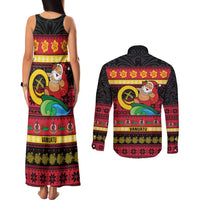 Vanuatu Christmas Couples Matching Tank Maxi Dress and Long Sleeve Button Shirt Joyeux Noel Surfing Santa With Boar Tusk LT14 - Polynesian Pride