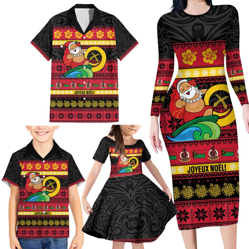 Vanuatu Christmas Family Matching Long Sleeve Bodycon Dress and Hawaiian Shirt Joyeux Noel Surfing Santa With Boar Tusk LT14 - Polynesian Pride