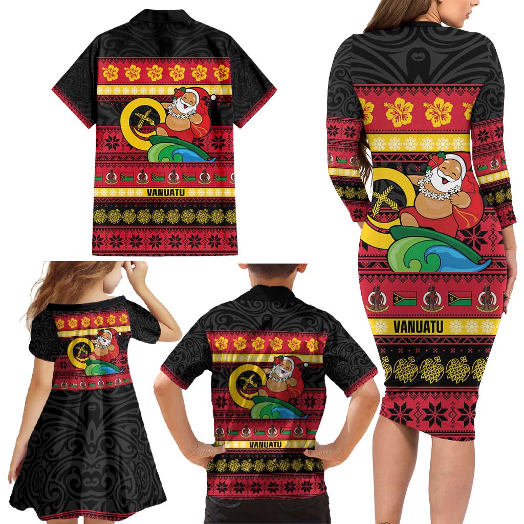 Vanuatu Christmas Family Matching Long Sleeve Bodycon Dress and Hawaiian Shirt Joyeux Noel Surfing Santa With Boar Tusk LT14 - Polynesian Pride
