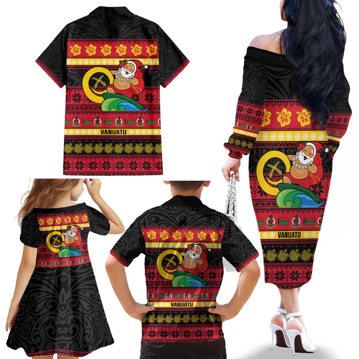 Vanuatu Christmas Family Matching Off The Shoulder Long Sleeve Dress and Hawaiian Shirt Joyeux Noel Surfing Santa With Boar Tusk LT14 - Polynesian Pride