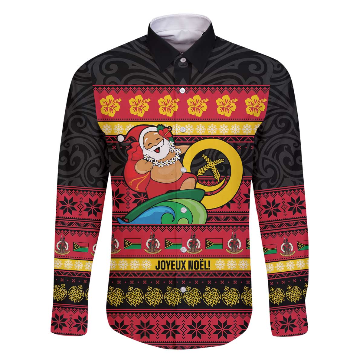 Vanuatu Christmas Family Matching Off The Shoulder Long Sleeve Dress and Hawaiian Shirt Joyeux Noel Surfing Santa With Boar Tusk LT14 Dad's Shirt - Long Sleeve Red - Polynesian Pride