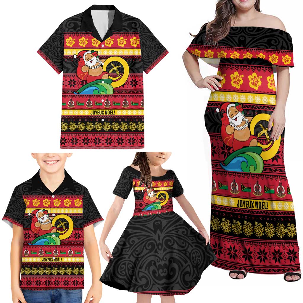 Vanuatu Christmas Family Matching Off Shoulder Maxi Dress and Hawaiian Shirt Joyeux Noel Surfing Santa With Boar Tusk LT14 - Polynesian Pride