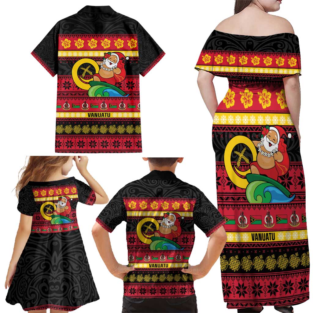 Vanuatu Christmas Family Matching Off Shoulder Maxi Dress and Hawaiian Shirt Joyeux Noel Surfing Santa With Boar Tusk LT14 - Polynesian Pride