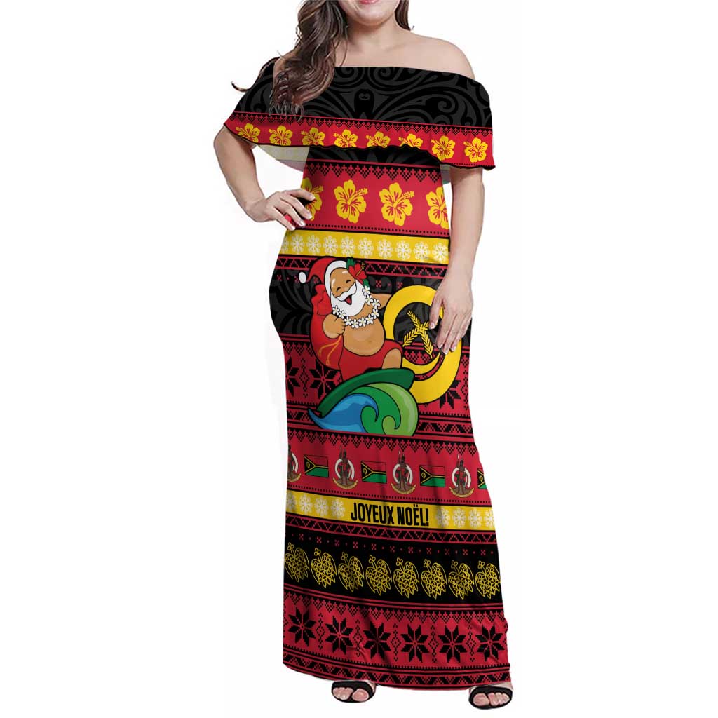 Vanuatu Christmas Family Matching Off Shoulder Maxi Dress and Hawaiian Shirt Joyeux Noel Surfing Santa With Boar Tusk LT14 Mom's Dress Red - Polynesian Pride
