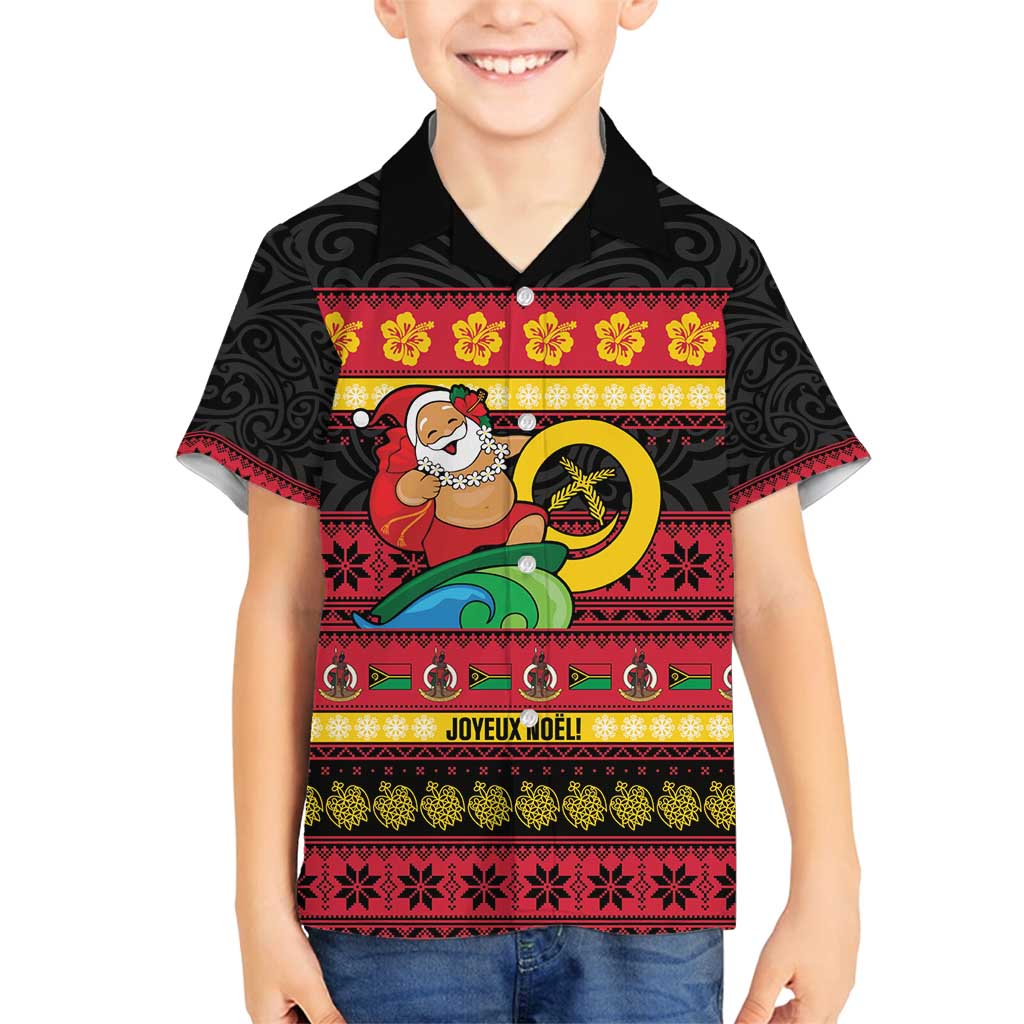 Vanuatu Christmas Family Matching Off Shoulder Maxi Dress and Hawaiian Shirt Joyeux Noel Surfing Santa With Boar Tusk LT14 Son's Shirt Red - Polynesian Pride