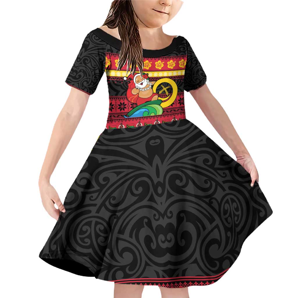 Vanuatu Christmas Family Matching Off Shoulder Short Dress and Hawaiian Shirt Joyeux Noel Surfing Santa With Boar Tusk LT14 Daughter's Dress Red - Polynesian Pride