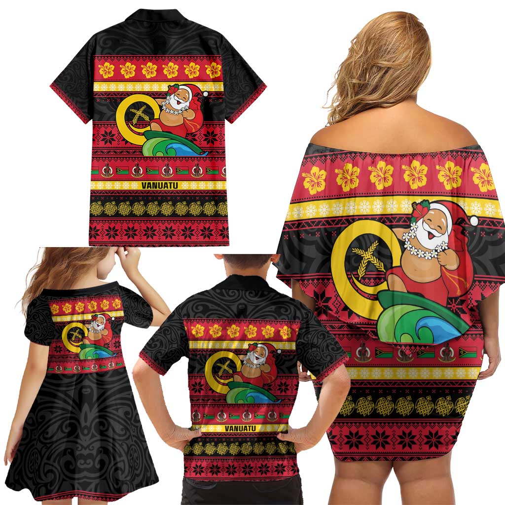 Vanuatu Christmas Family Matching Off Shoulder Short Dress and Hawaiian Shirt Joyeux Noel Surfing Santa With Boar Tusk LT14 - Polynesian Pride