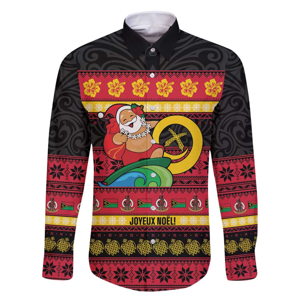 Vanuatu Christmas Family Matching Puletasi and Hawaiian Shirt Joyeux Noel Surfing Santa With Boar Tusk LT14 Dad's Shirt - Long Sleeve Red - Polynesian Pride