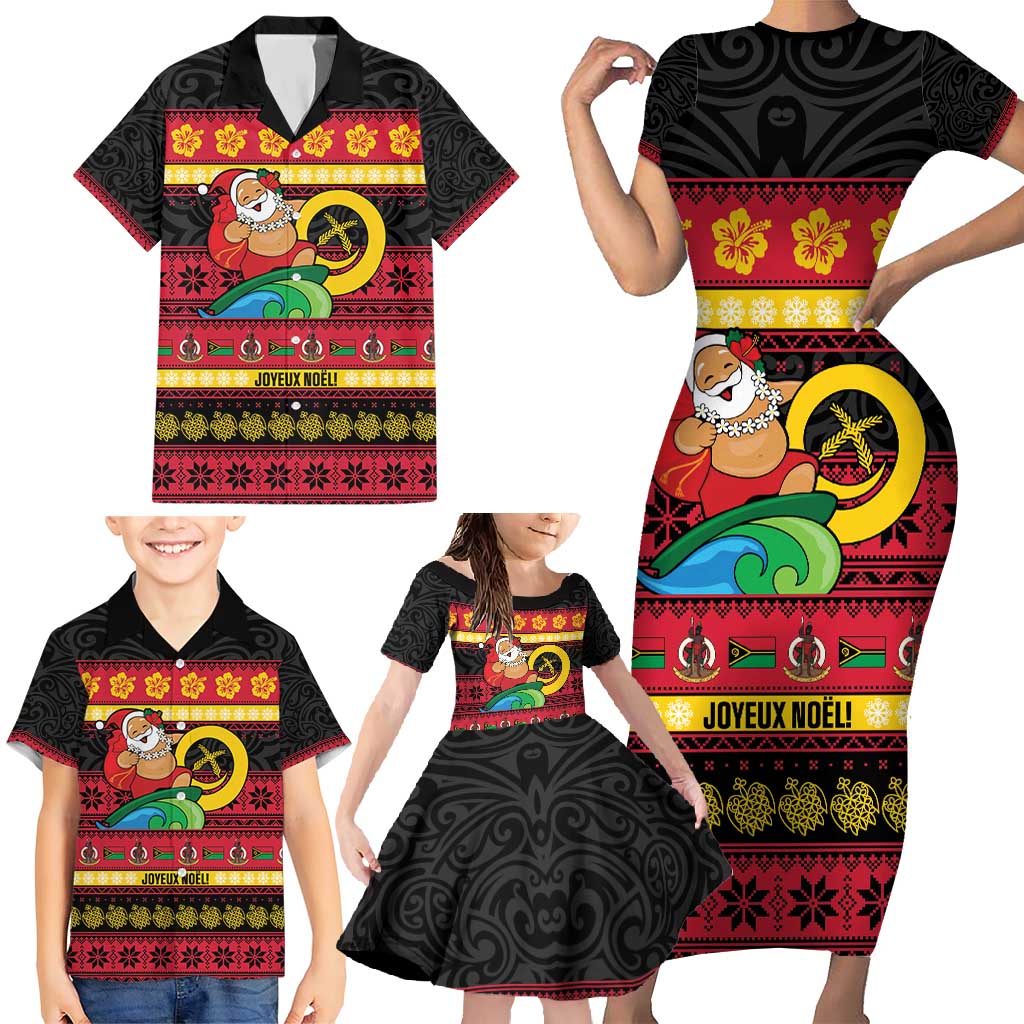 Vanuatu Christmas Family Matching Short Sleeve Bodycon Dress and Hawaiian Shirt Joyeux Noel Surfing Santa With Boar Tusk LT14 - Polynesian Pride