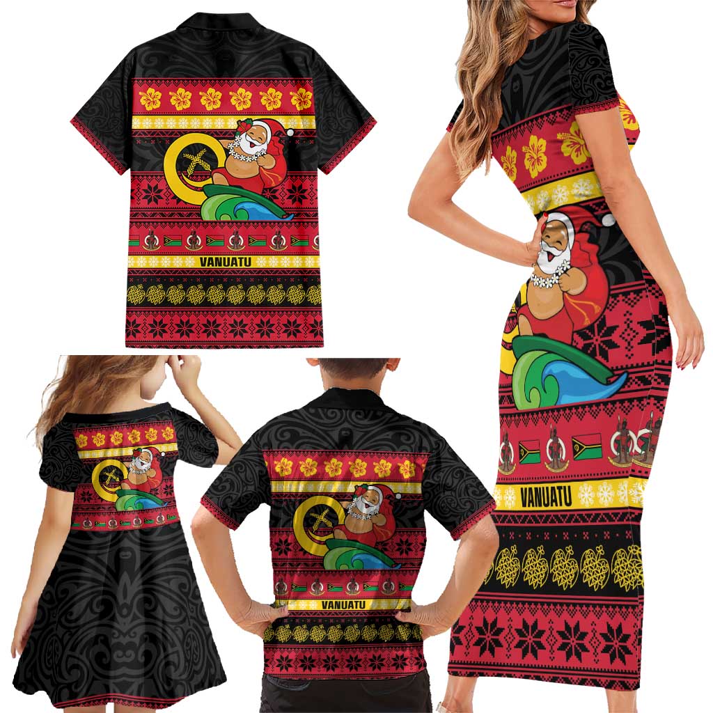 Vanuatu Christmas Family Matching Short Sleeve Bodycon Dress and Hawaiian Shirt Joyeux Noel Surfing Santa With Boar Tusk LT14 - Polynesian Pride