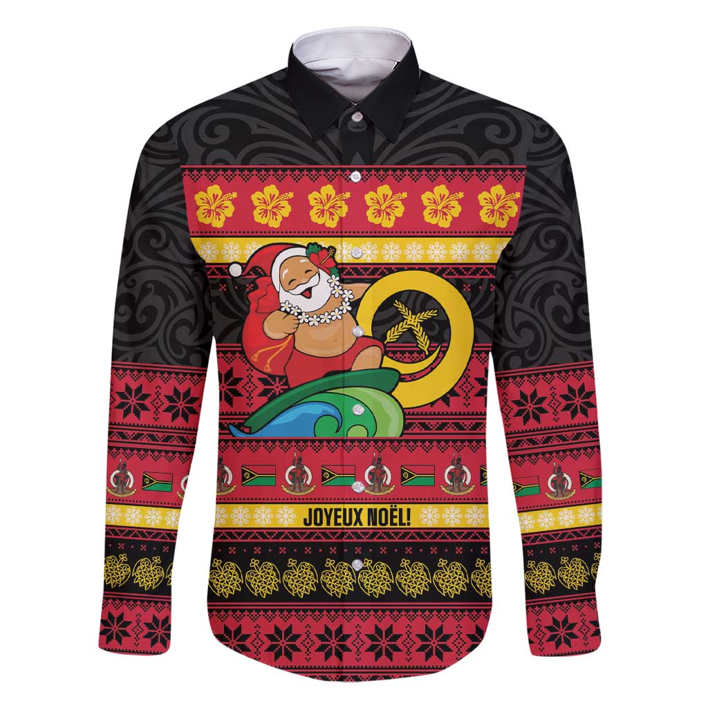 Vanuatu Christmas Family Matching Short Sleeve Bodycon Dress and Hawaiian Shirt Joyeux Noel Surfing Santa With Boar Tusk LT14 Dad's Shirt - Long Sleeve Red - Polynesian Pride