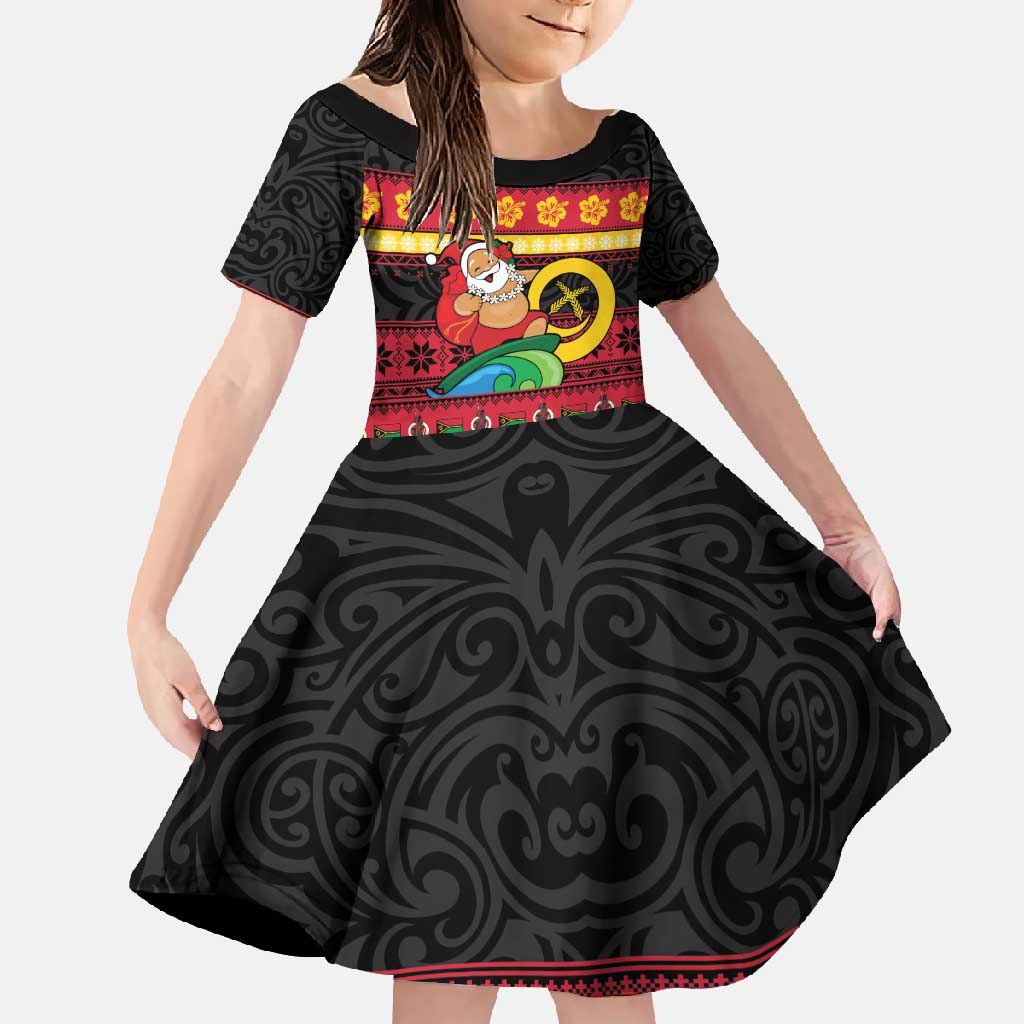 Vanuatu Christmas Family Matching Summer Maxi Dress and Hawaiian Shirt Joyeux Noel Surfing Santa With Boar Tusk LT14 Daughter's Dress Red - Polynesian Pride