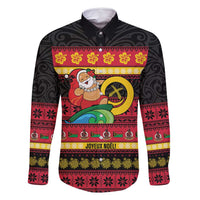 Vanuatu Christmas Family Matching Tank Maxi Dress and Hawaiian Shirt Joyeux Noel Surfing Santa With Boar Tusk LT14 Dad's Shirt - Long Sleeve Red - Polynesian Pride