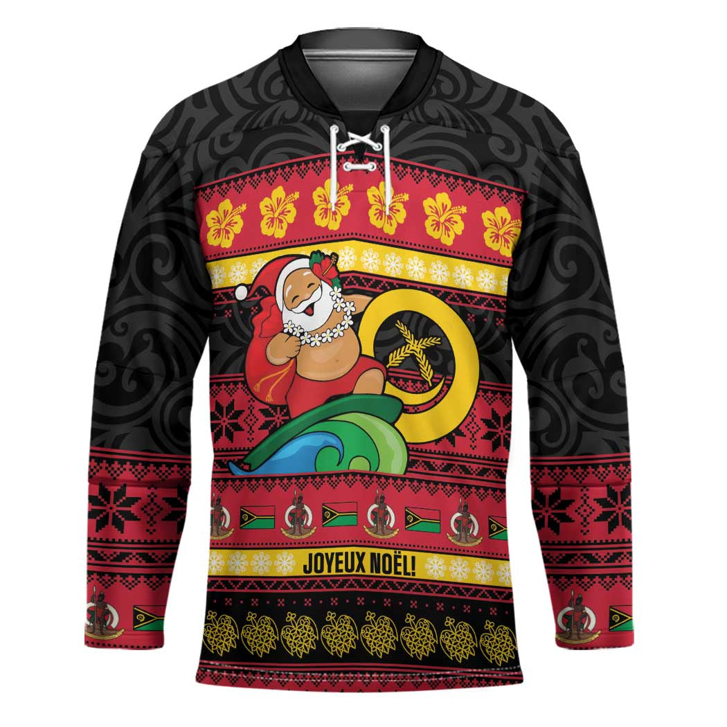 Vanuatu Christmas Hockey Jersey Joyeux Noel Surfing Santa With Boar Tusk - Polynesian Pride