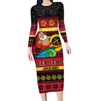 Vanuatu Christmas Long Sleeve Bodycon Dress Joyeux Noel Surfing Santa With Boar Tusk LT14 Long Dress Red - Polynesian Pride