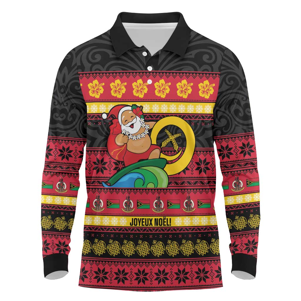 Vanuatu Christmas Long Sleeve Polo Shirt Joyeux Noel Surfing Santa With Boar Tusk LT14 Red - Polynesian Pride
