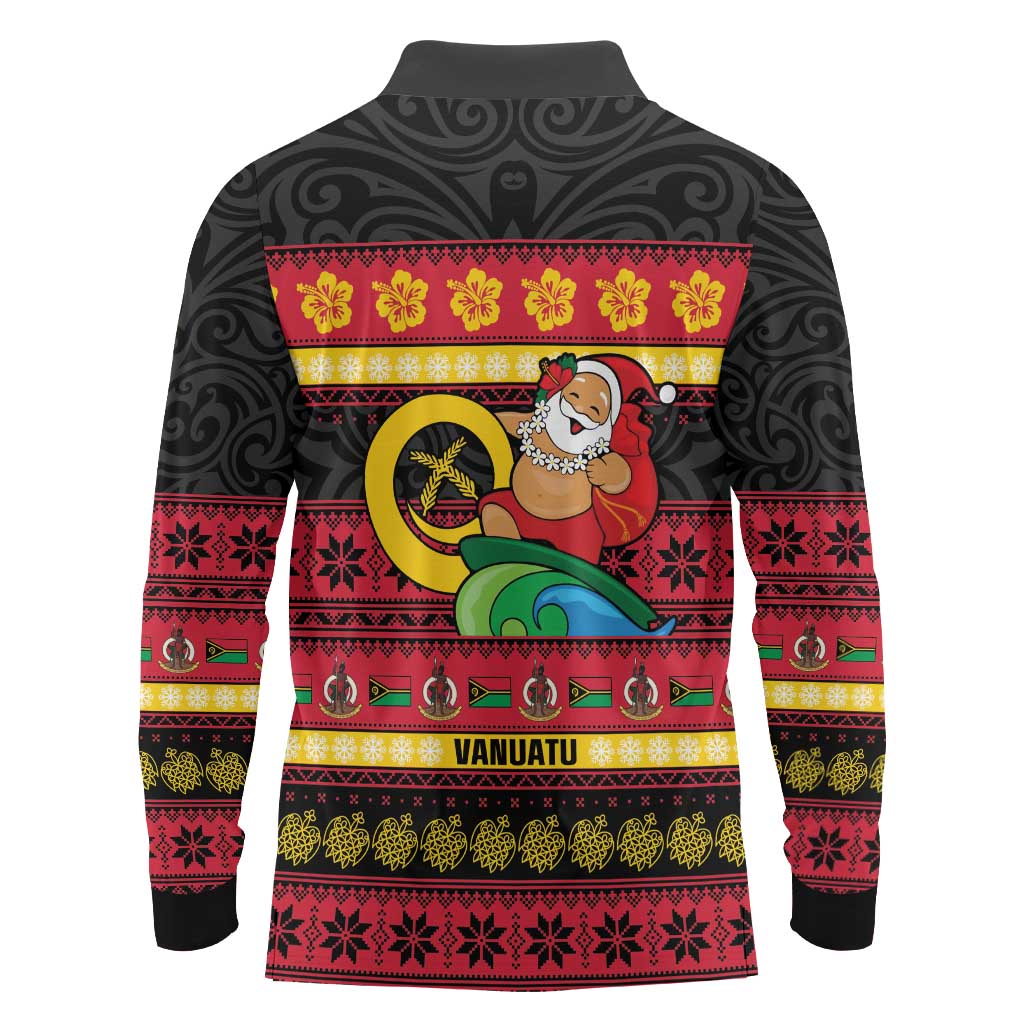 Vanuatu Christmas Long Sleeve Polo Shirt Joyeux Noel Surfing Santa With Boar Tusk LT14 - Polynesian Pride