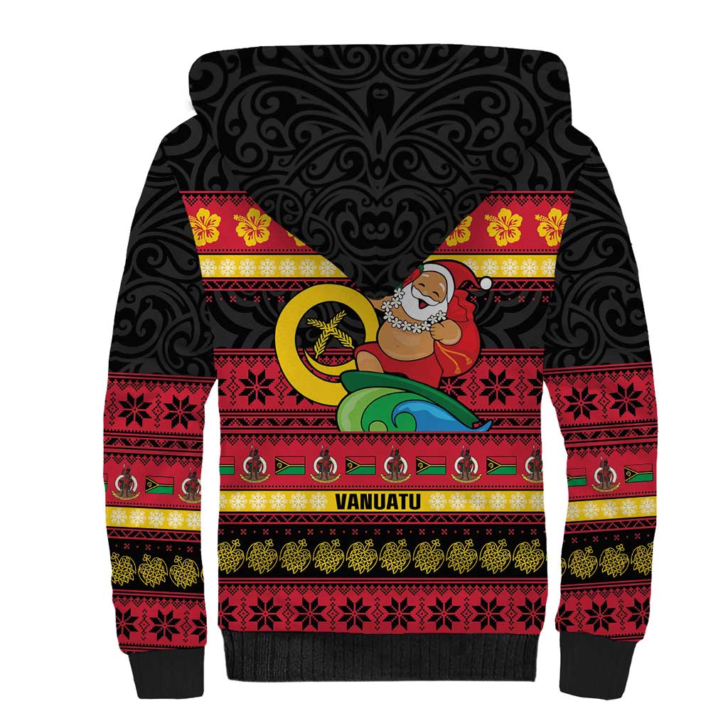 Vanuatu Christmas Sherpa Hoodie Joyeux Noel Surfing Santa With Boar Tusk LT14 - Polynesian Pride