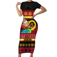 Vanuatu Christmas Short Sleeve Bodycon Dress Joyeux Noel Surfing Santa With Boar Tusk LT14 Long Dress Red - Polynesian Pride