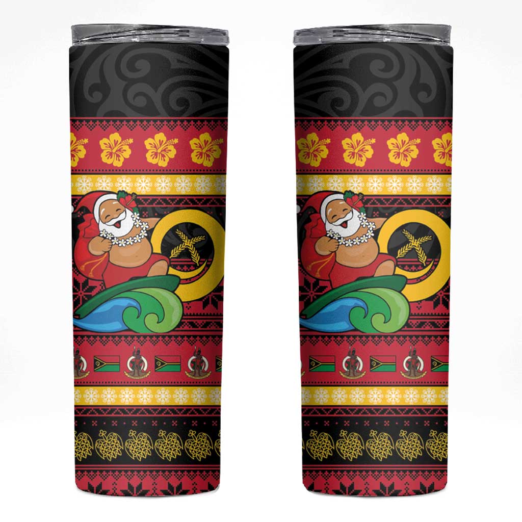 Vanuatu Christmas Skinny Tumbler Joyeux Noel Surfing Santa With Boar Tusk LT14 Red - Polynesian Pride