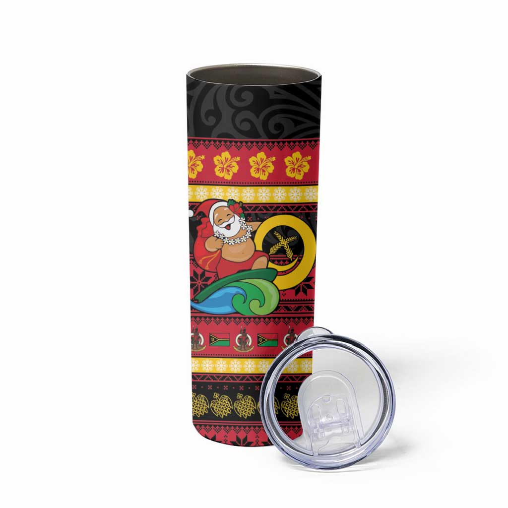 Vanuatu Christmas Skinny Tumbler Joyeux Noel Surfing Santa With Boar Tusk LT14 - Polynesian Pride