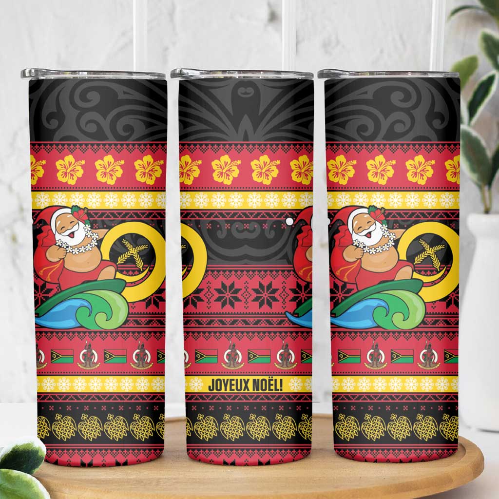 Vanuatu Christmas Skinny Tumbler Joyeux Noel Surfing Santa With Boar Tusk LT14 - Polynesian Pride