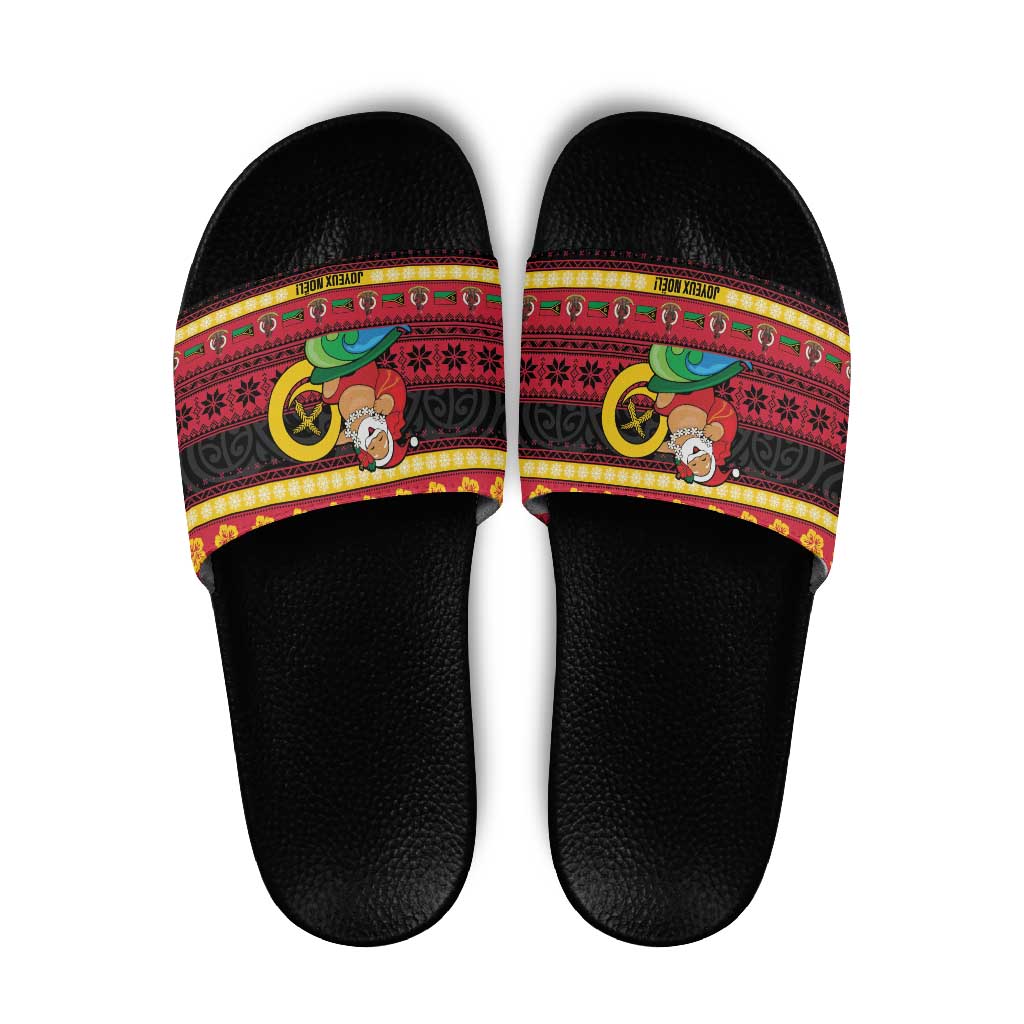 Vanuatu Christmas Slide Sandals Joyeux Noel Surfing Santa With Boar Tusk - Polynesian Pride