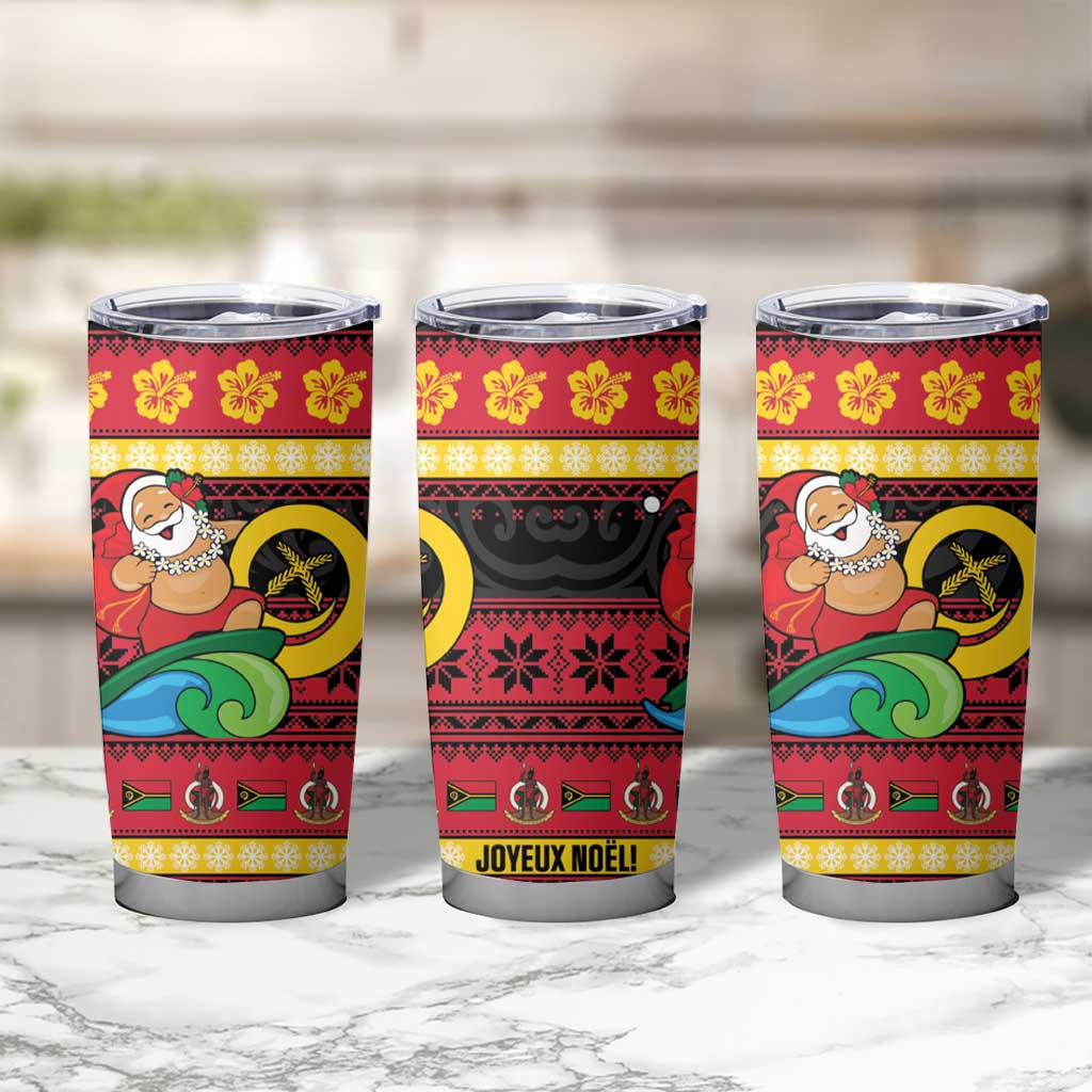Vanuatu Christmas Tumbler Cup Joyeux Noel Surfing Santa With Boar Tusk - Polynesian Pride